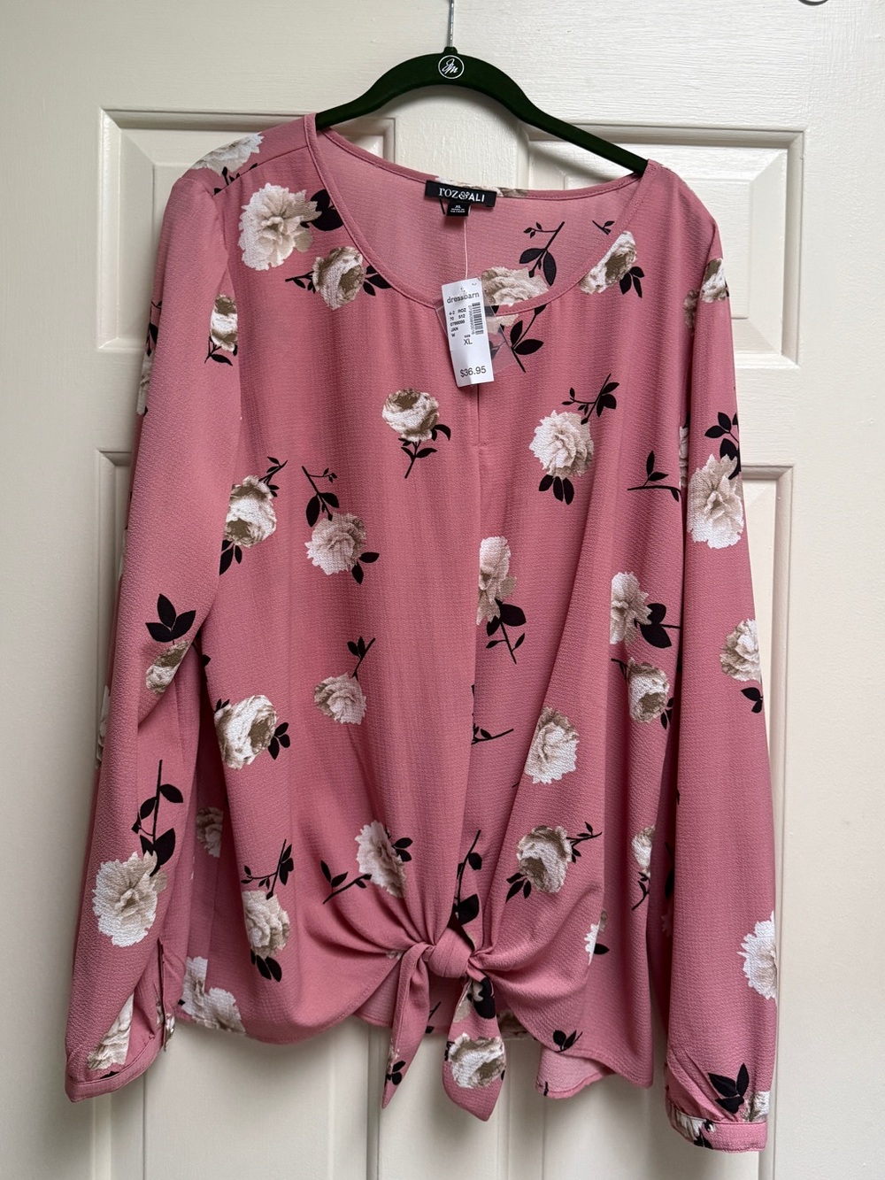 dressbarn Roz & Ali Rose-Pink Floral Tie-Front Long Sleeve Blouse XL